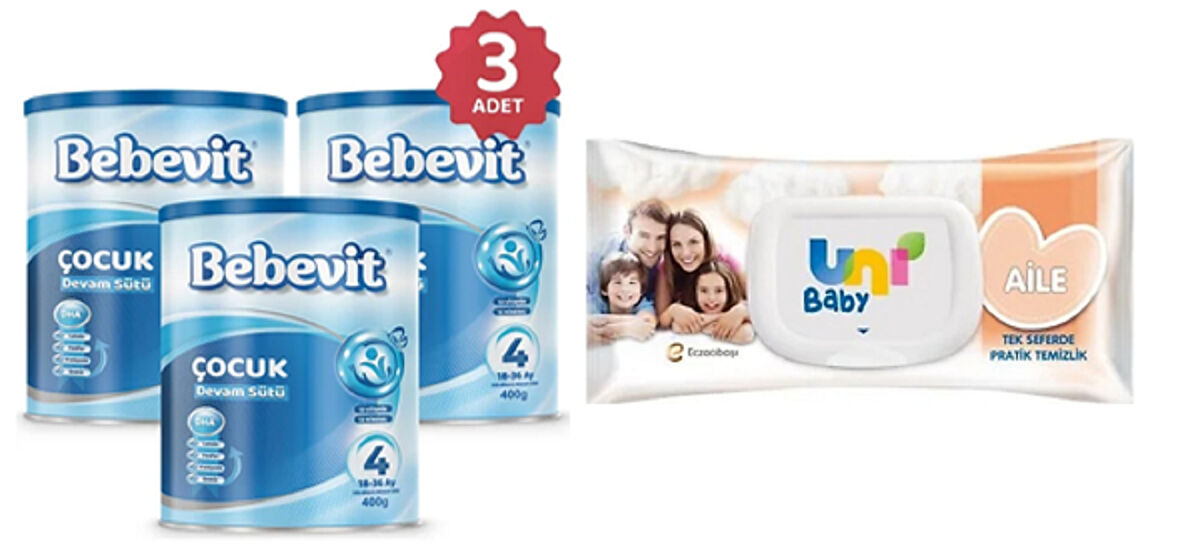 Bebevit 4 Bebek Devam Sütü 400 gr 3 ADET + Uni Baby Aile Islak Mendil 90 Lı 1 ADET