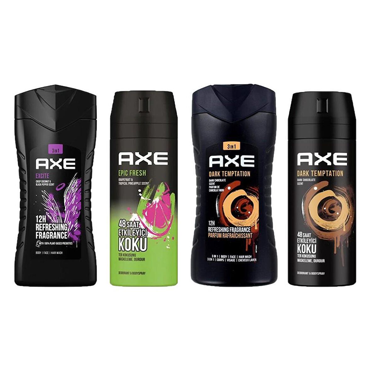 Axe Epic Fresh Erkek Deodorant 150ML + Excite 3in1 Erkek Duş Jeli 250ML + Dark Temptation 3in1 Erkek Duş Jeli 250ML + Deodorant 150 ML 4lü Set