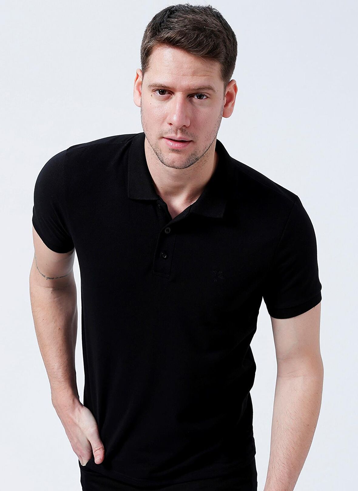 Fabrika Polo Yaka Düz Siyah Erkek T-Shirt BORAMIR-Y