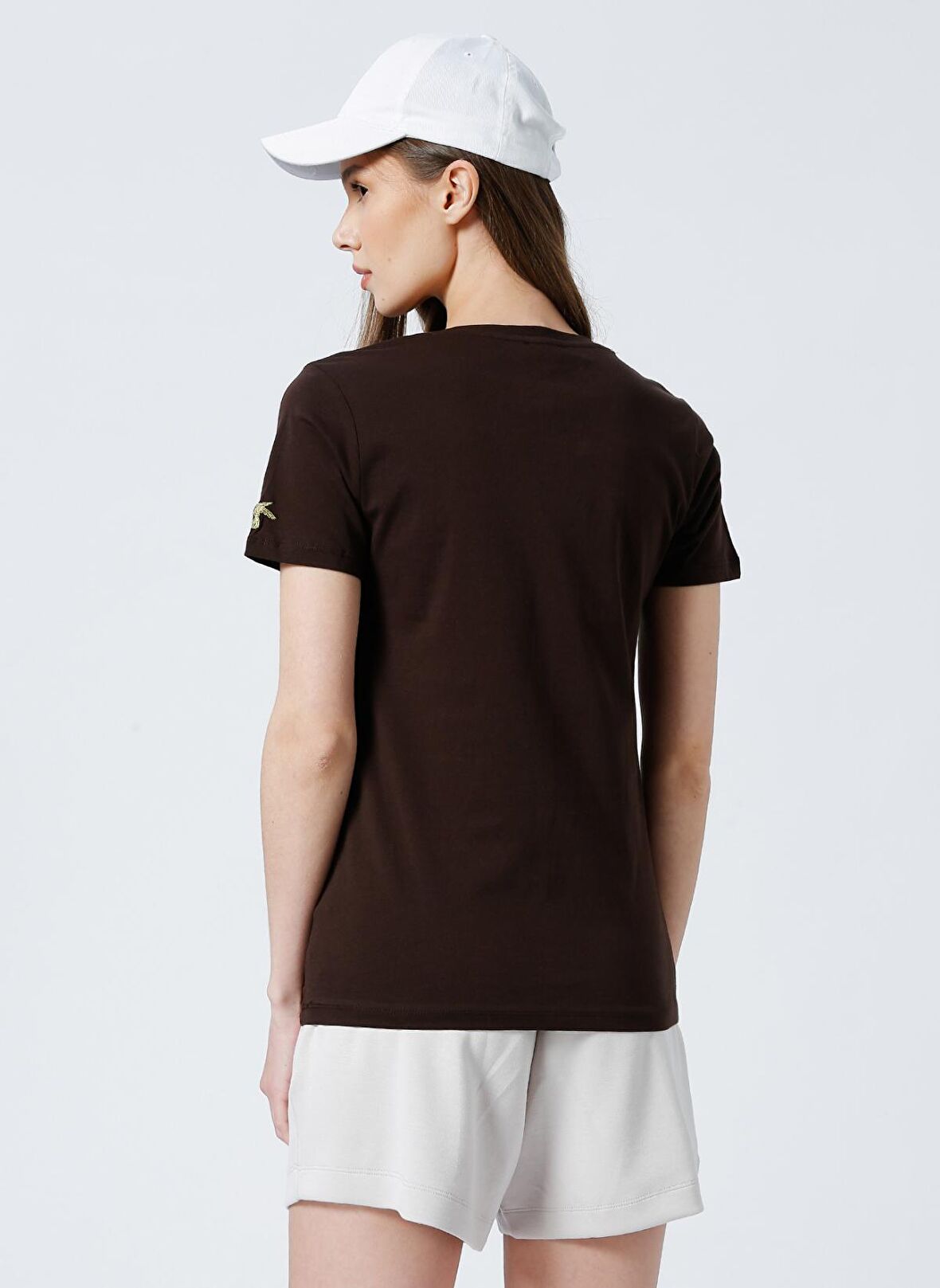Fabrika V Yaka Düz Kahve Kadın T-Shirt TEYO