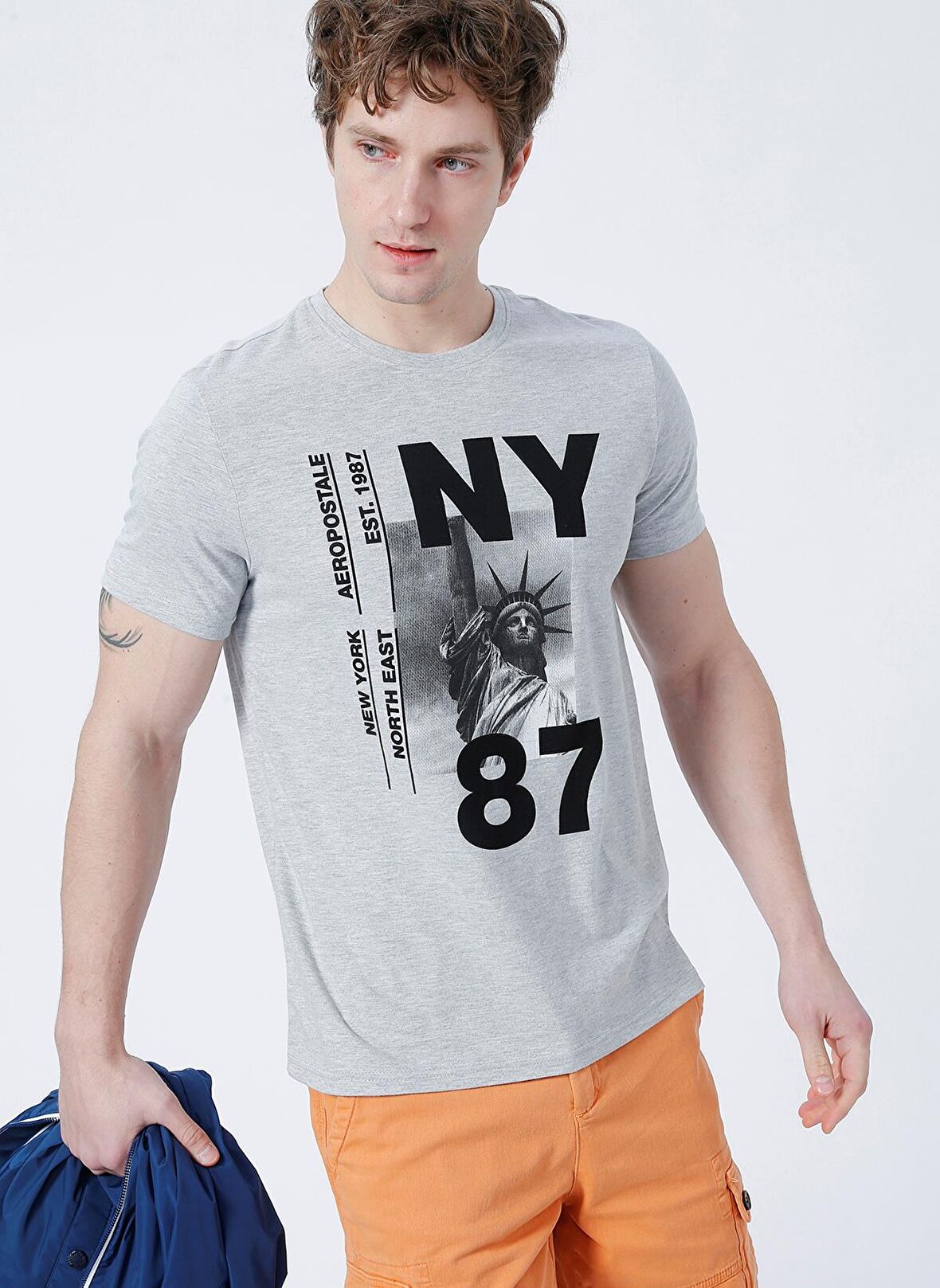 Aeropostale Bisiklet Yaka Baskılı Gri Melanj Erkek T-Shirt E-7115
