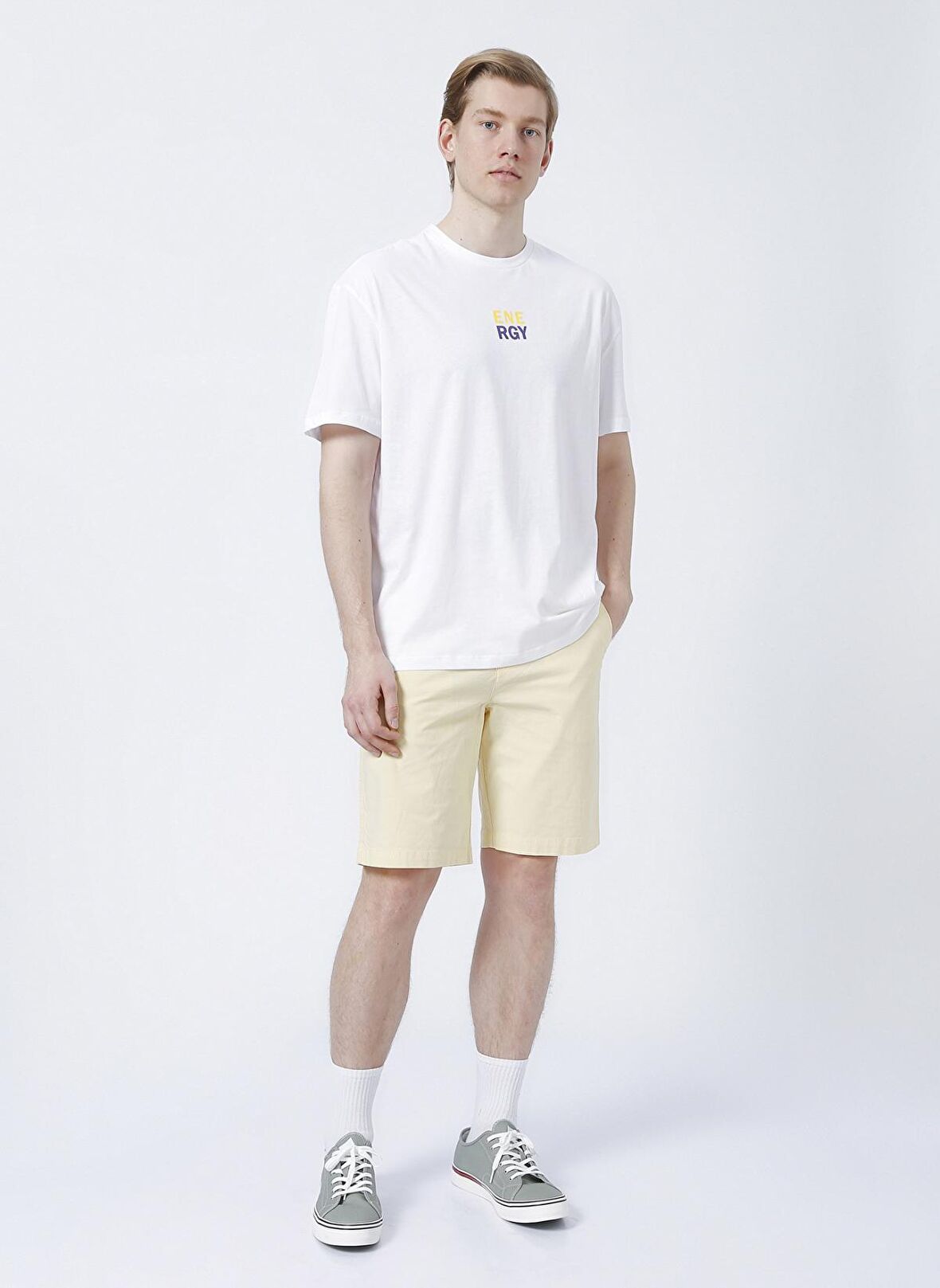 Limon Energy Bisiklet Yaka Oversize Baskılı Beyaz Erkek T-Shirt