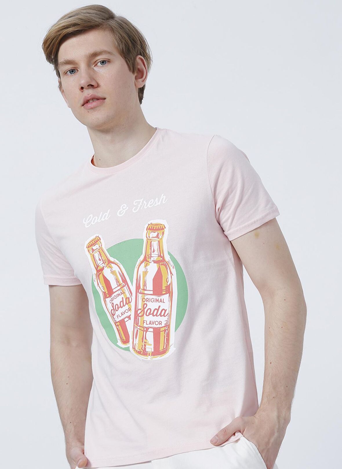 Limon Soda Bisiklet Yaka Basic BaskılıPembe Erkek T-Shirt