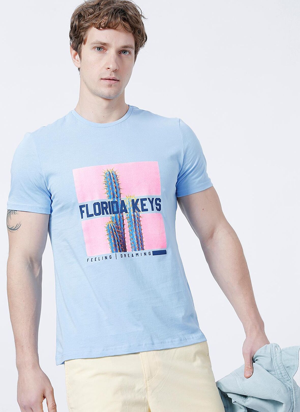 Limon Bisiklet Yaka Basic Baskılı MaviErkek T-Shirt - KEY