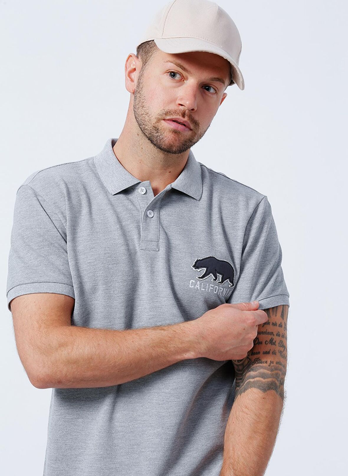 Aeropostale Polo Yaka Nakışlı Gri Erkek T-Shirt 5889-Y