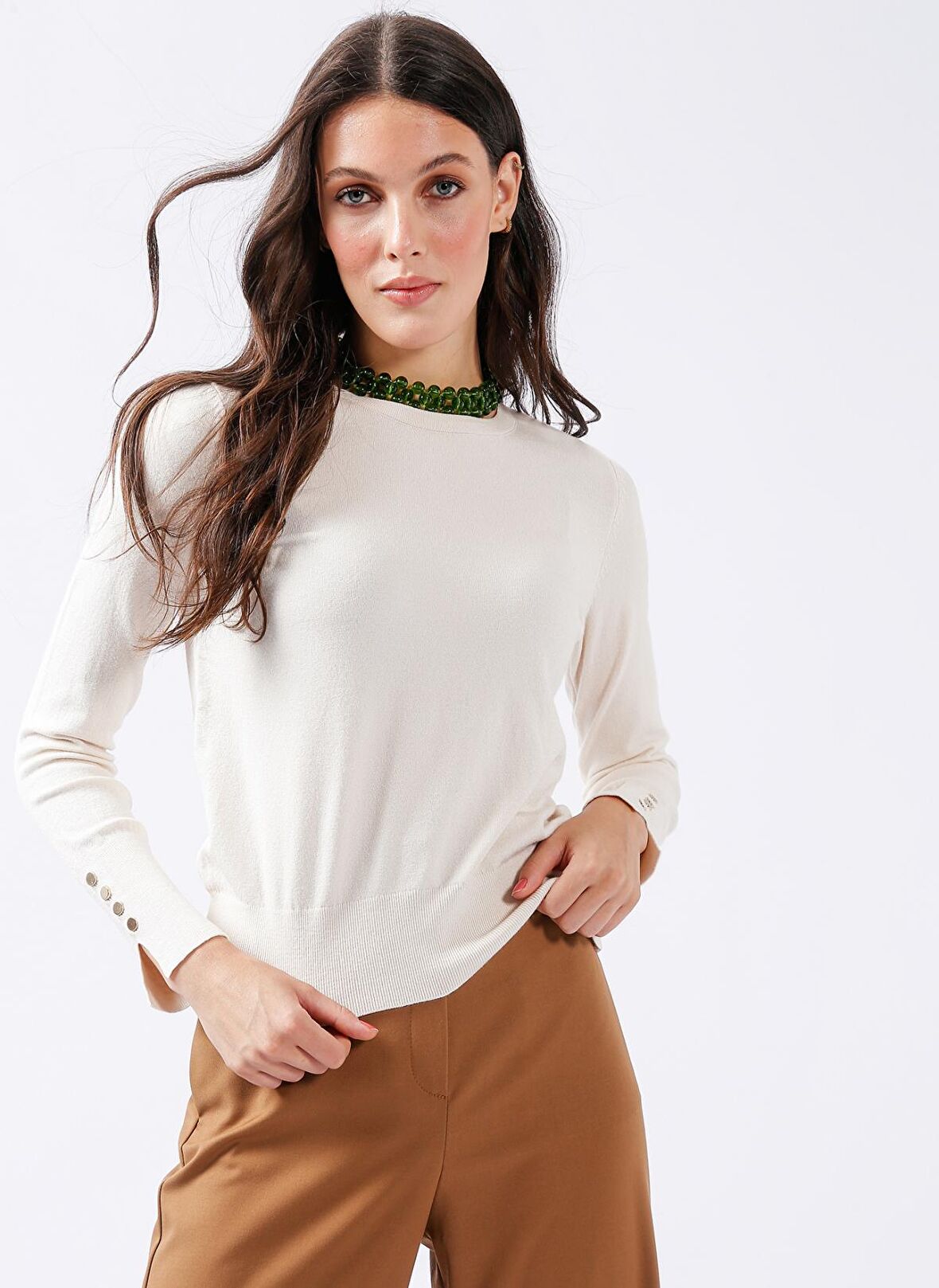 Fabrika Bisiklet Yaka Basic Düz Ekru Kazak Kadın PAGOSA