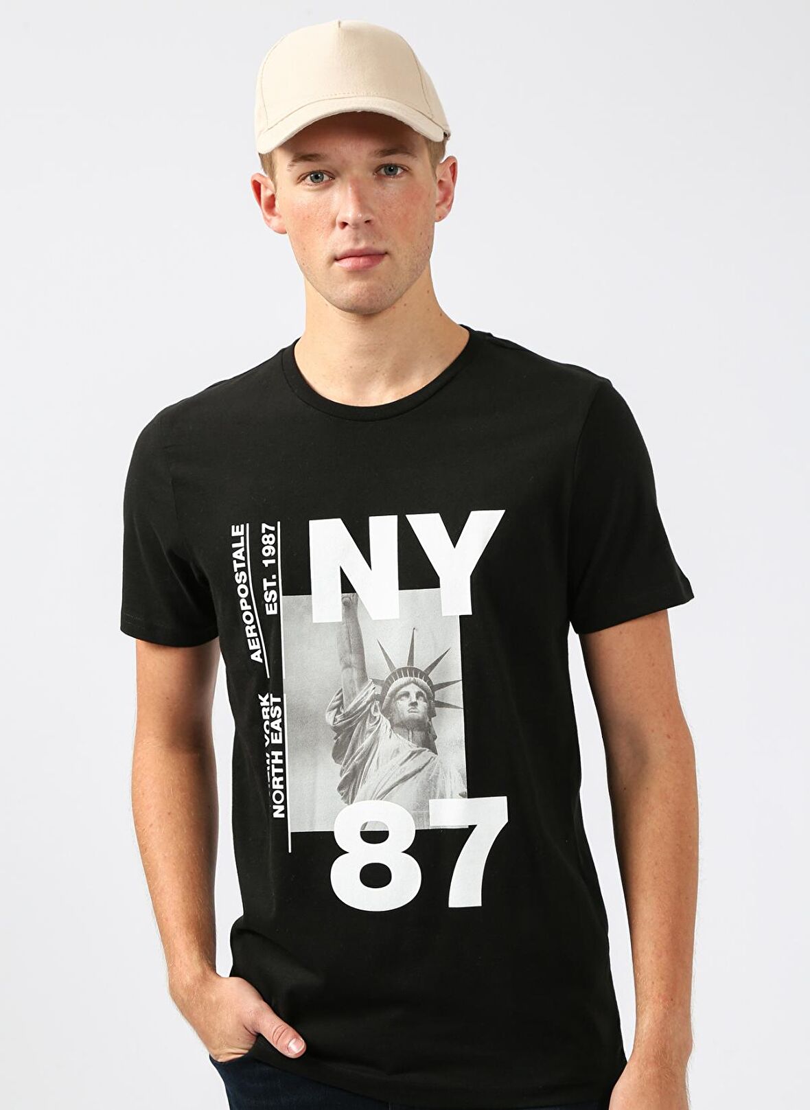 Aeropostale Bisiklet Yaka Baskılı Siyah Erkek T-Shirt E-7115