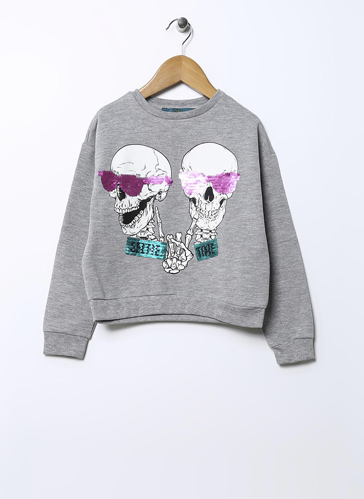 Funky Rocks Gri Melanj Kız Çocuk Bisiklet Yaka Uzun Kollu Pullu Sweatshirt CRG-44