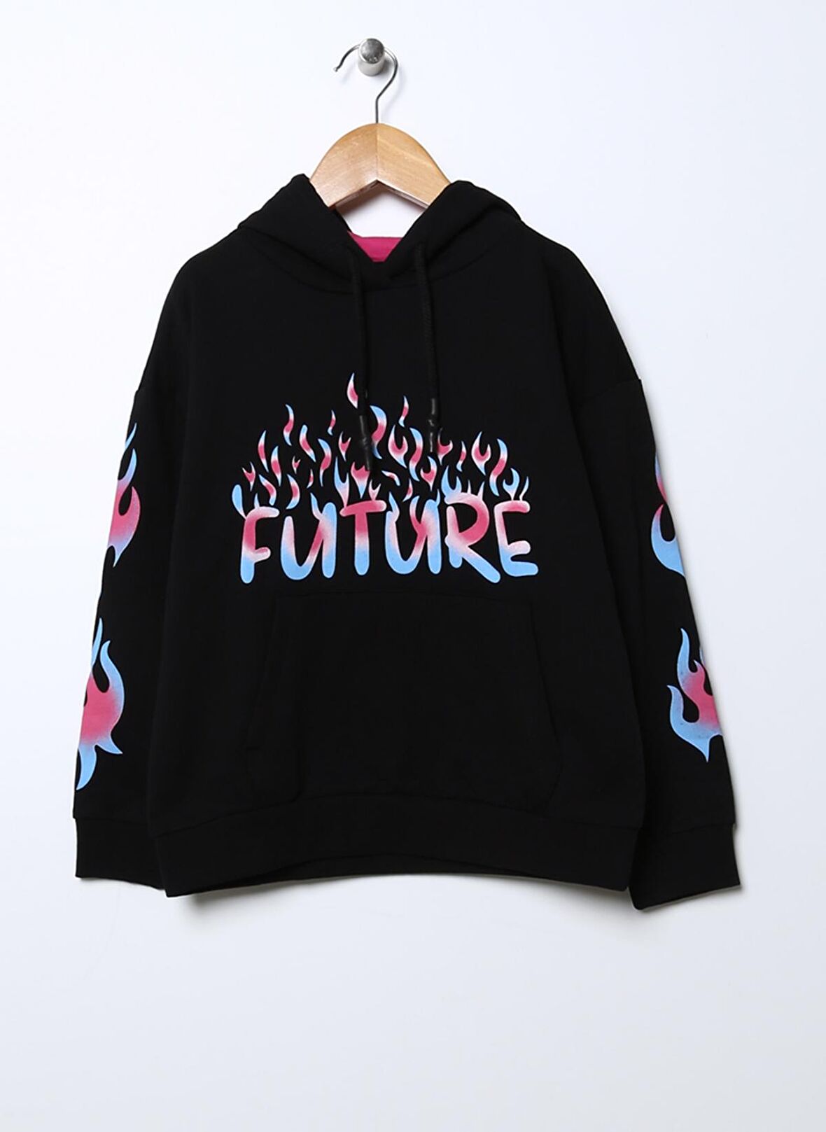 Funky Rocks Siyah Kız Çocuk Kapüşonlu Düşük Omuz Oversize Baskılı Sweatshirt DFG-50