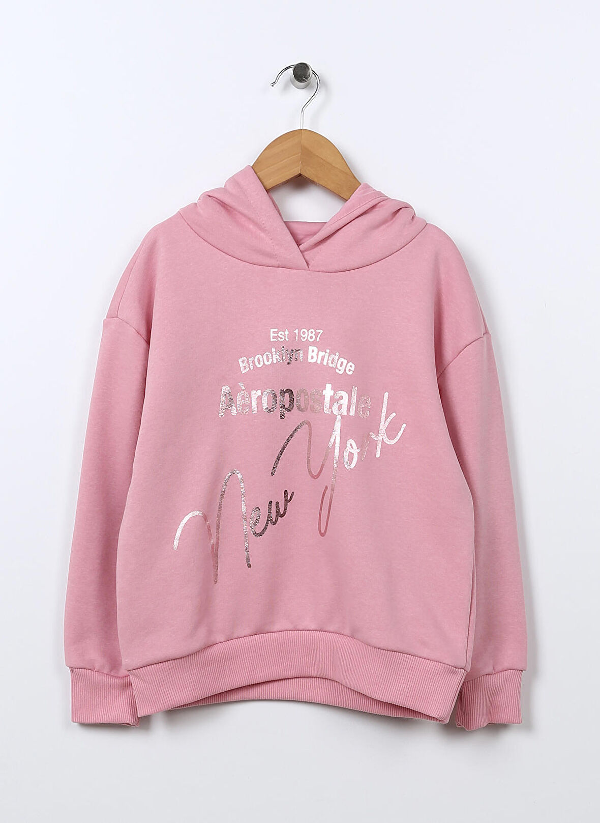 Aeropostale Pembe Kız Çocuk Kapüşonlu Düşük Omuz Varaklı Sweatshirt 22WAG26