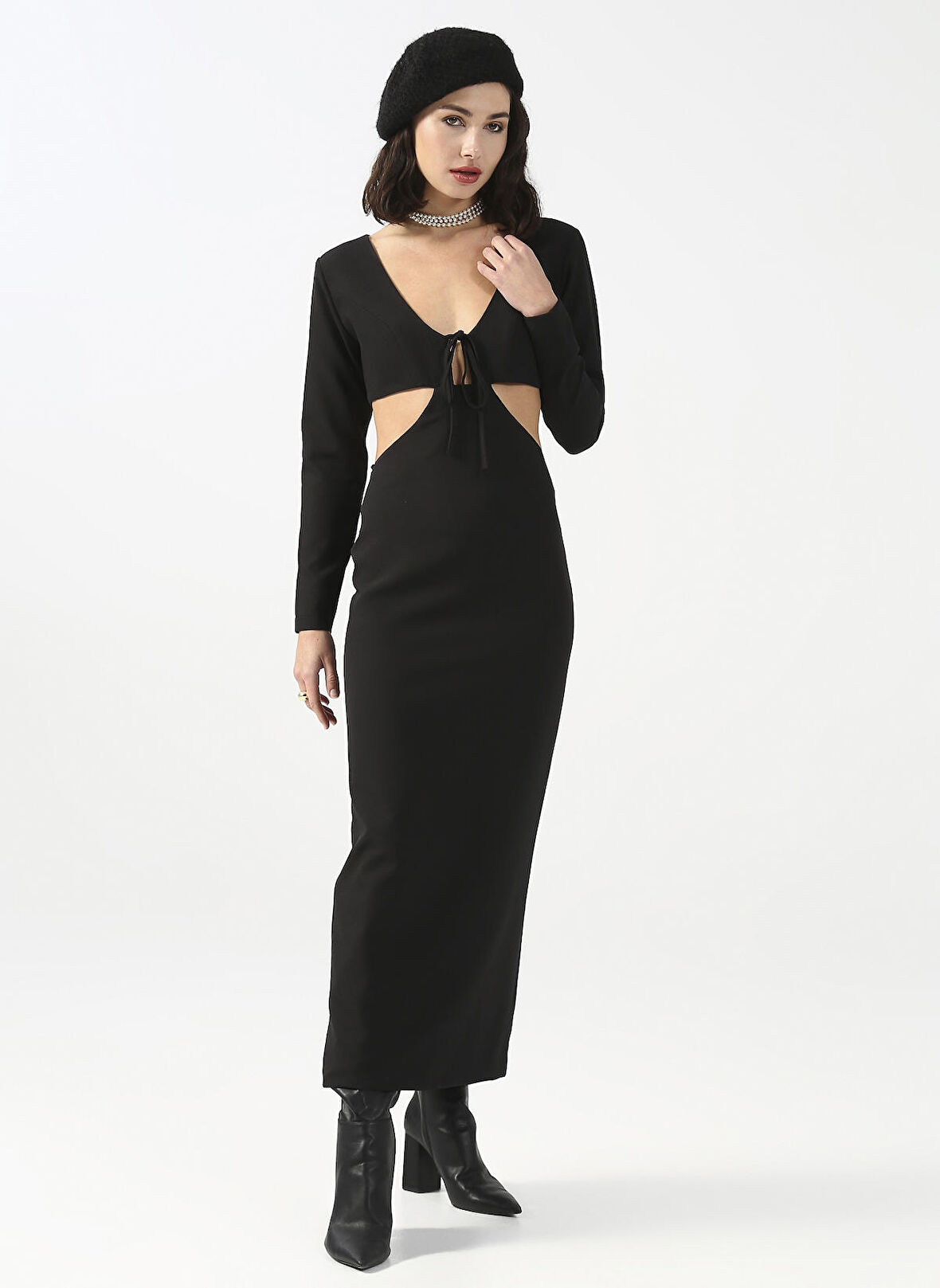 Fabrika V Yaka Düz Siyah Midi Kadın Elbise CHR-5