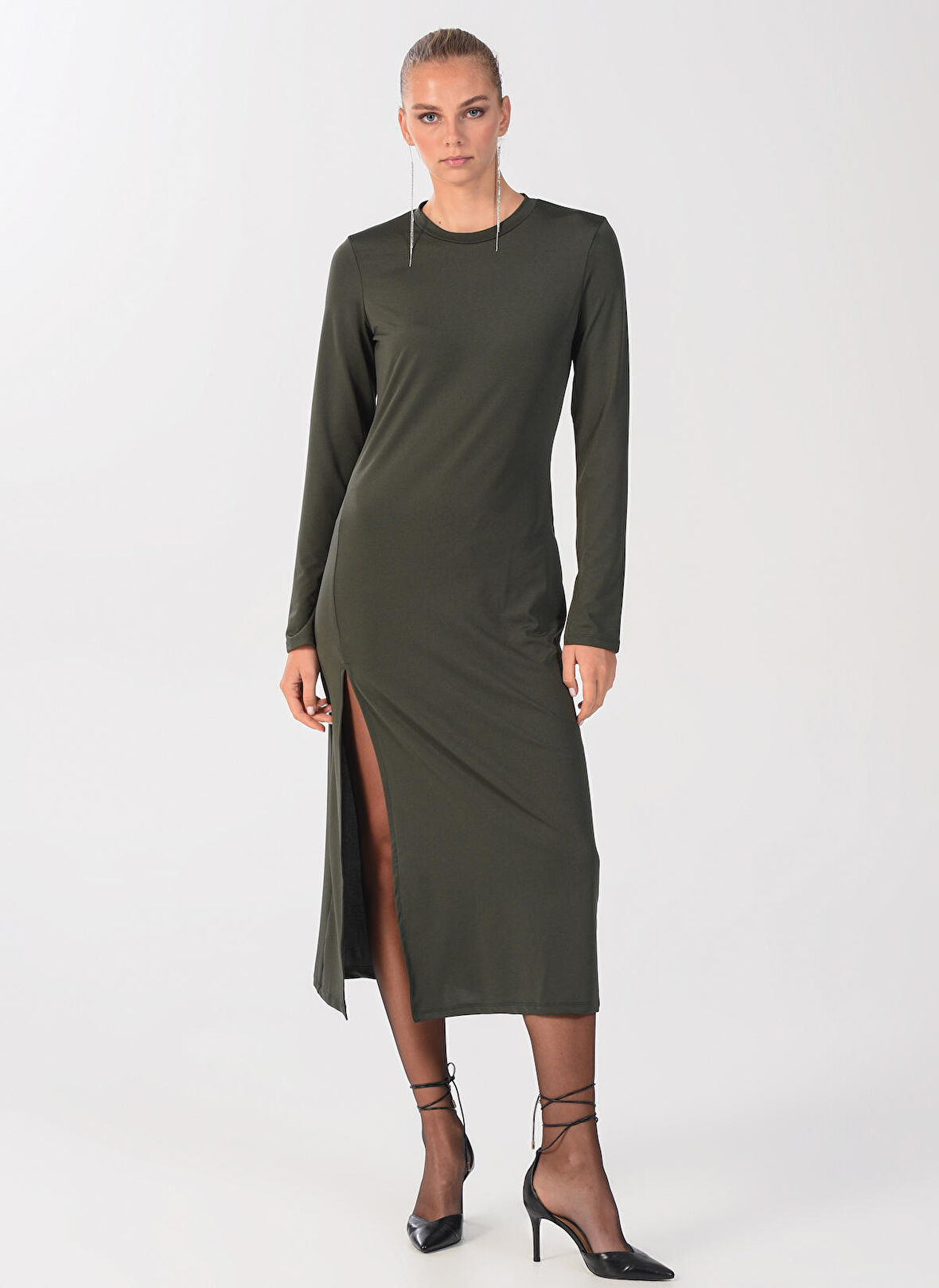People By Fabrika Bisiklet Yaka Düz Haki Maksi Kadın Elbise ELBFW22-41