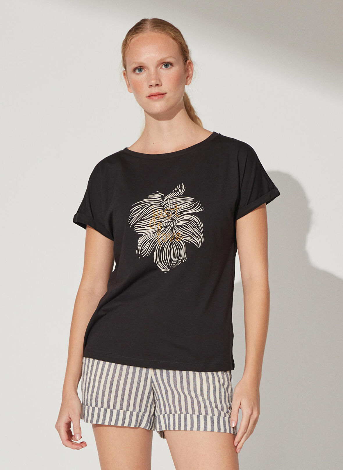 Fabrika Comfort Bisiklet Yaka Baskılı Siyah Kadın T-Shirt CM-LANER