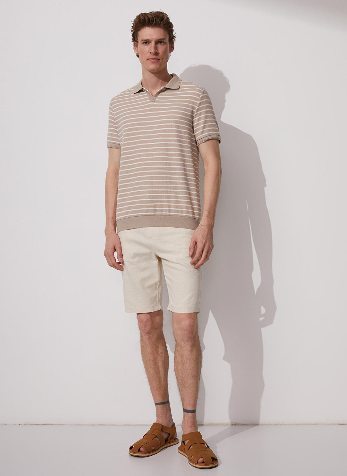 Polo Yaka Çizgili Vizon Erkek T-Shirt CM SERGIN