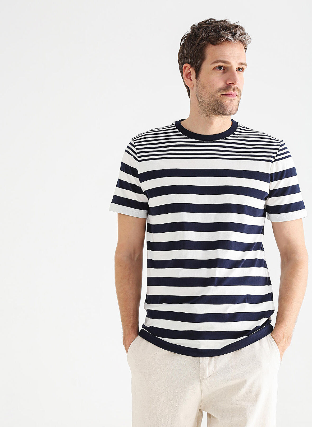 Fabrika Comfort O Yaka Çizgili Lacivert Erkek T-Shirt CM ROSIL