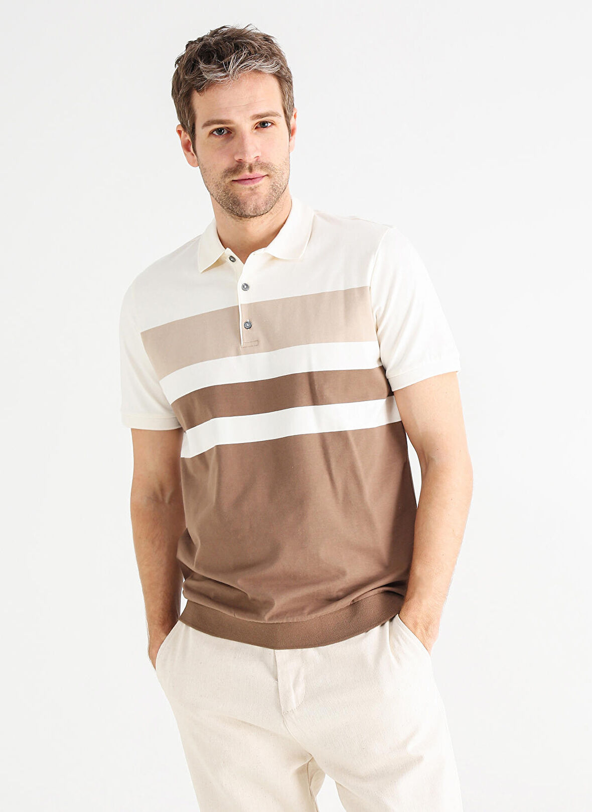 Fabrika Comfort Polo Yaka Çizgili Beyaz Erkek T-Shirt CM VORTES