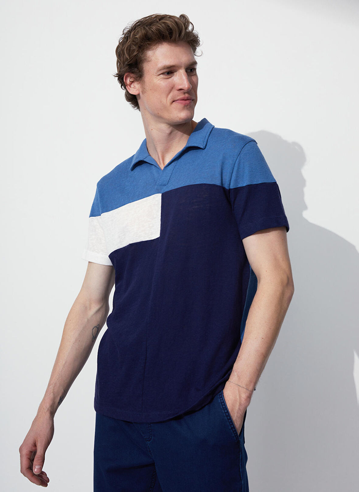 Fabrika Polo Yaka Jakarlı İndigo Erkek T-Shirt TOM