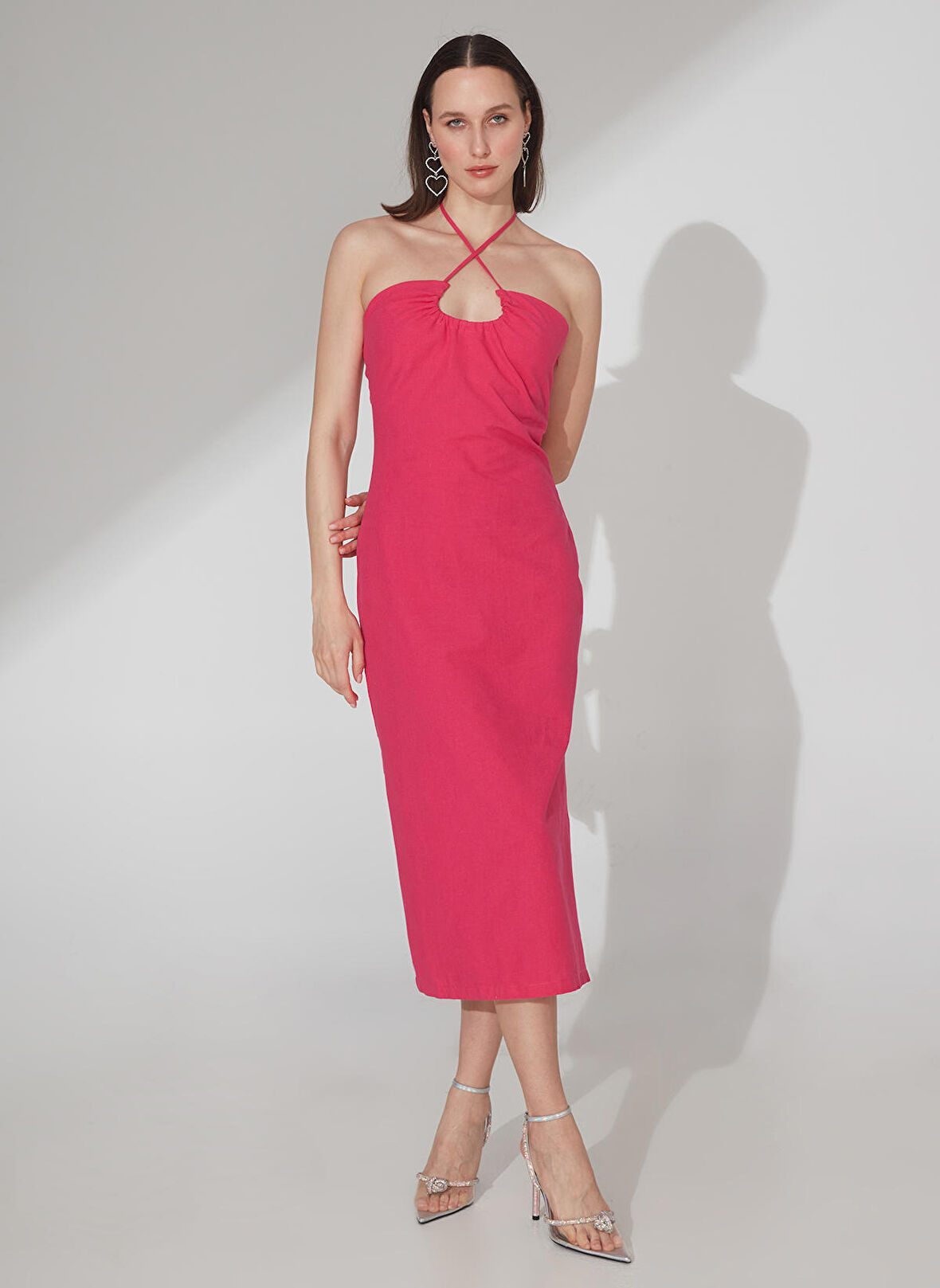 Fabrika V Yaka Düz Fuşya Midi Kadın Elbise ESTO