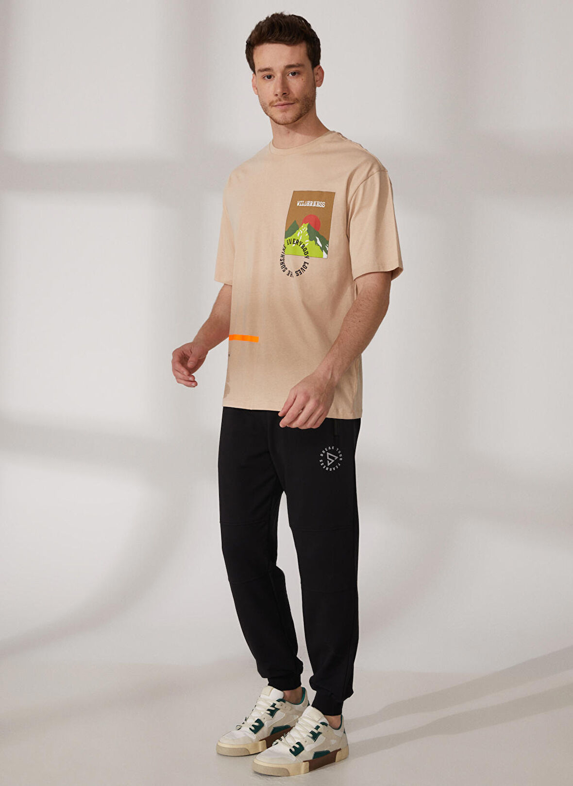 Limon Bisiklet Yaka Düz Bej Erkek T-Shirt SAWA