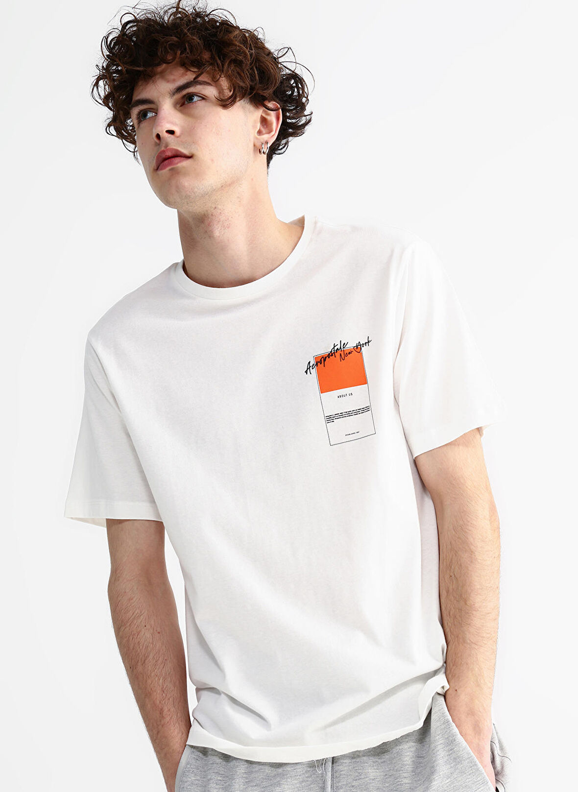 Aeropostale Bisiklet Yaka Baskılı Kırık Beyaz Erkek T-Shirt E-JOHNY