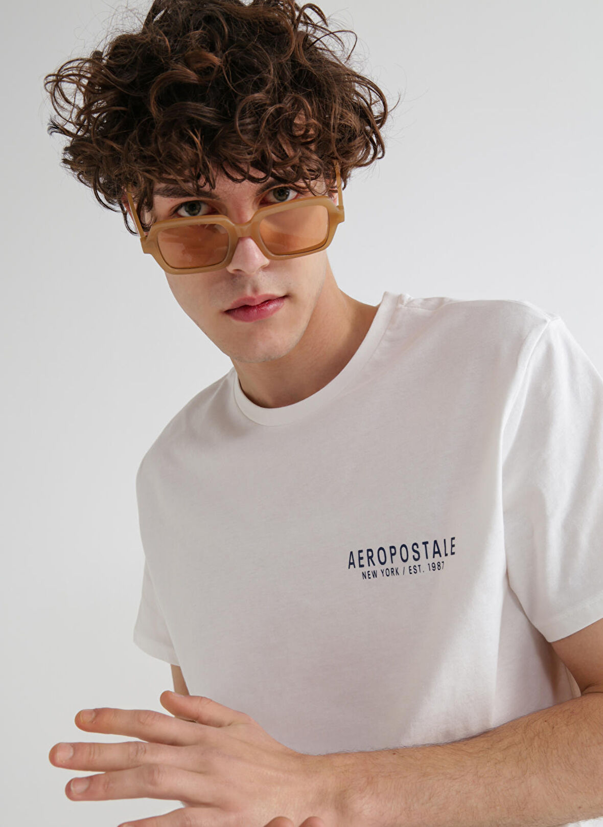 Aeropostale Bisiklet Yaka Baskılı Kırık Beyaz Erkek T-Shirt E-MOUNT