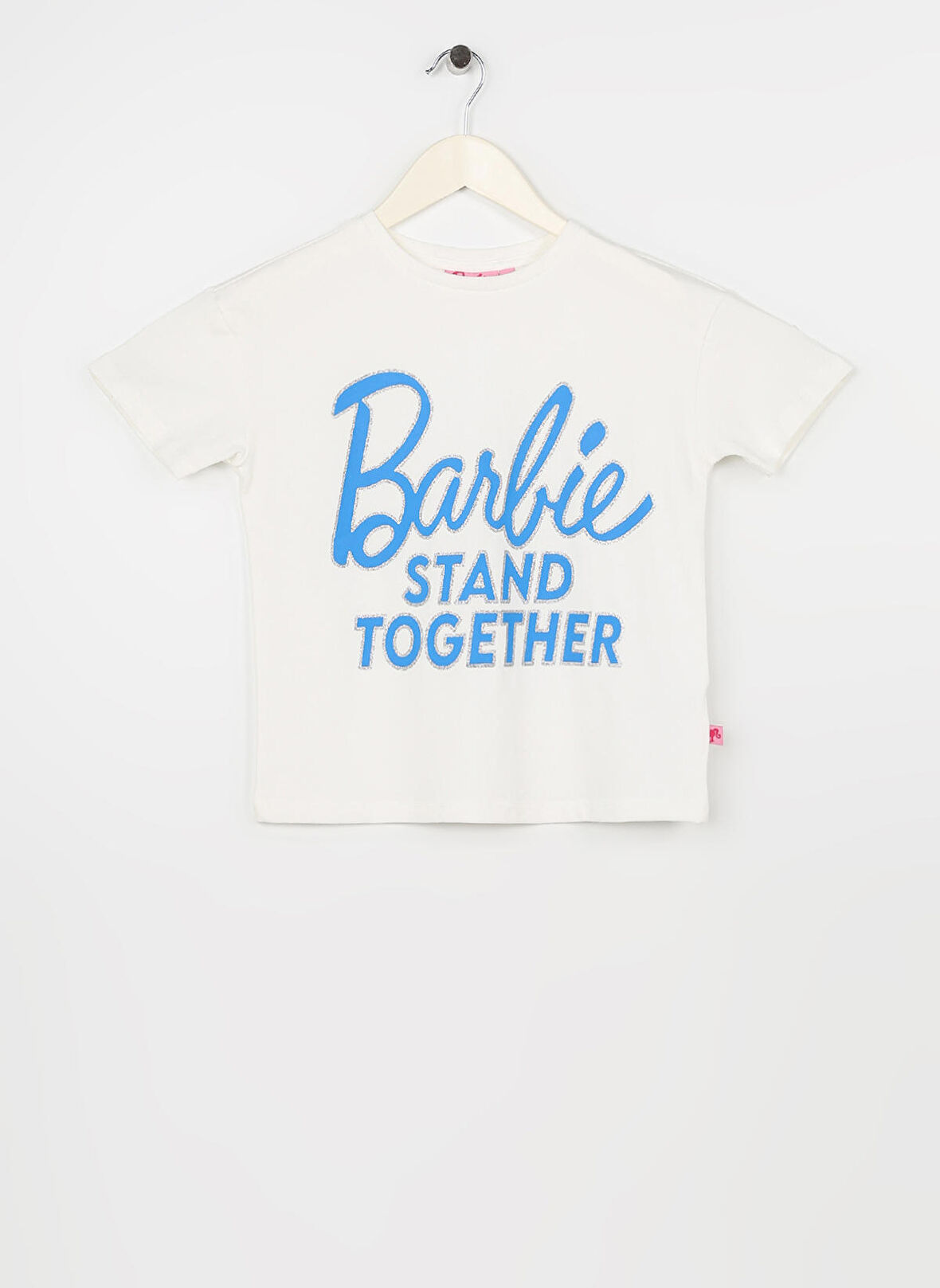 Barbie Ekru Kız Çocuk Bisiklet Yaka Düşük Omuz Oversize Baskılı T-Shirt 23SSB-54