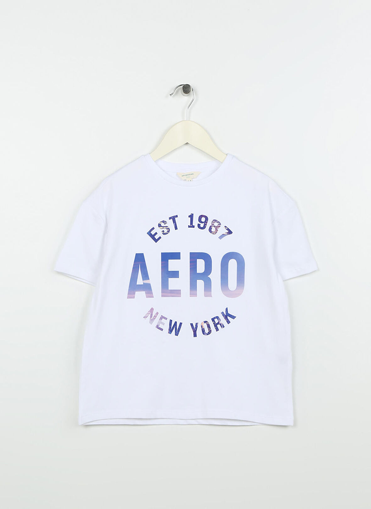 Aeropostale Ekru Kız Çocuk Bisiklet Yaka Düşük Omuz Oversize Baskılı T-Shirt 23SAG-03