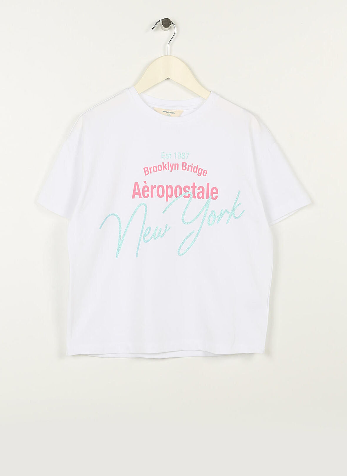 Aeropostale Ekru Kız Çocuk Bisiklet Yaka Düşük Omuz Oversize Baskılı T-Shirt 23SAG-33