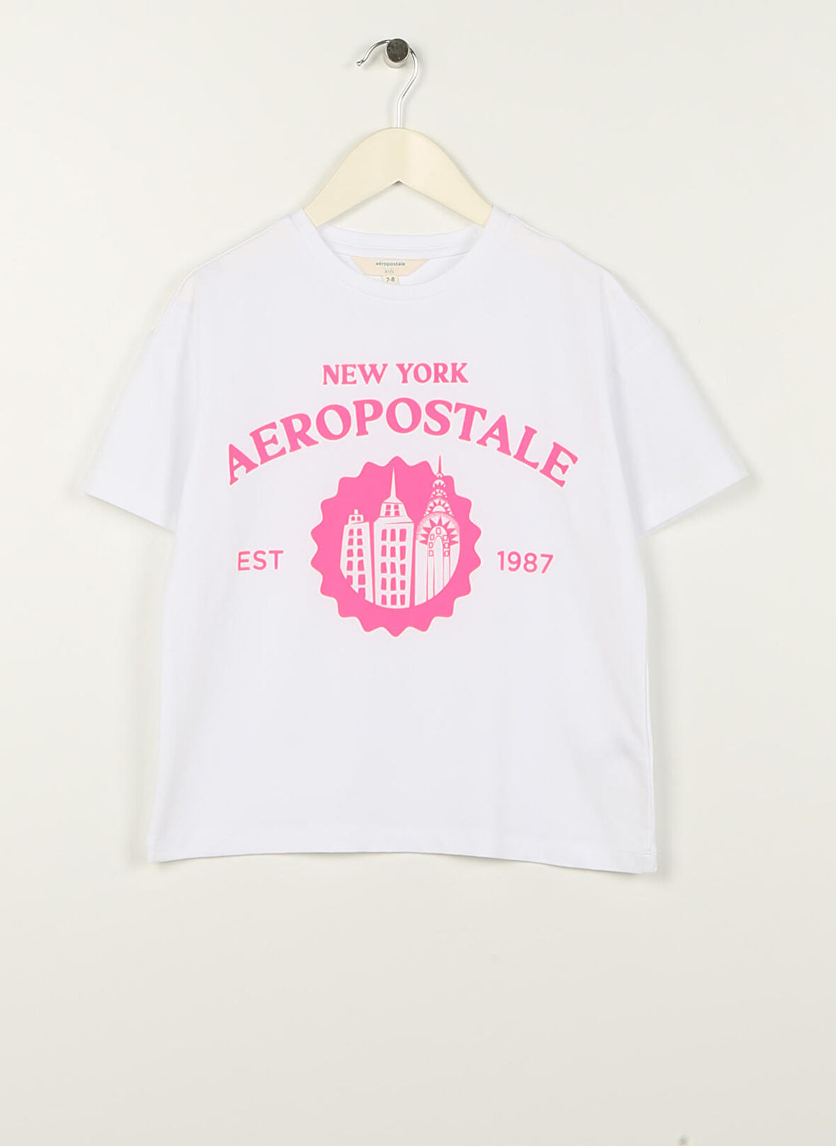 Aeropostale Ekru Kız Çocuk Bisiklet Yaka Düşük Omuz Oversize Baskılı T-Shirt 23SAG-02