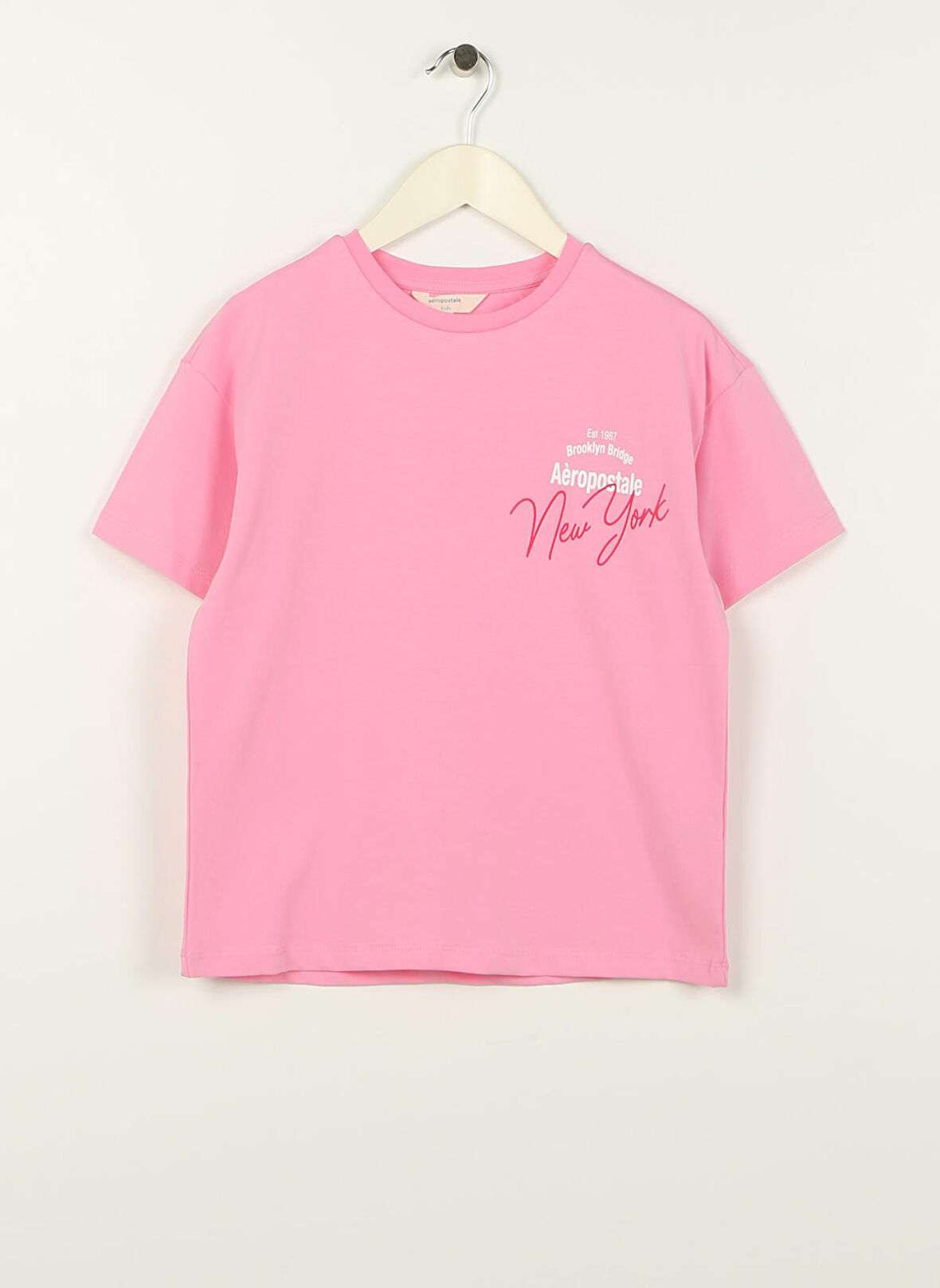 Aeropostale Pembe Kız Çocuk Bisiklet Yaka Düşük Omuz Oversize Baskılı T-Shirt 23SAG-01