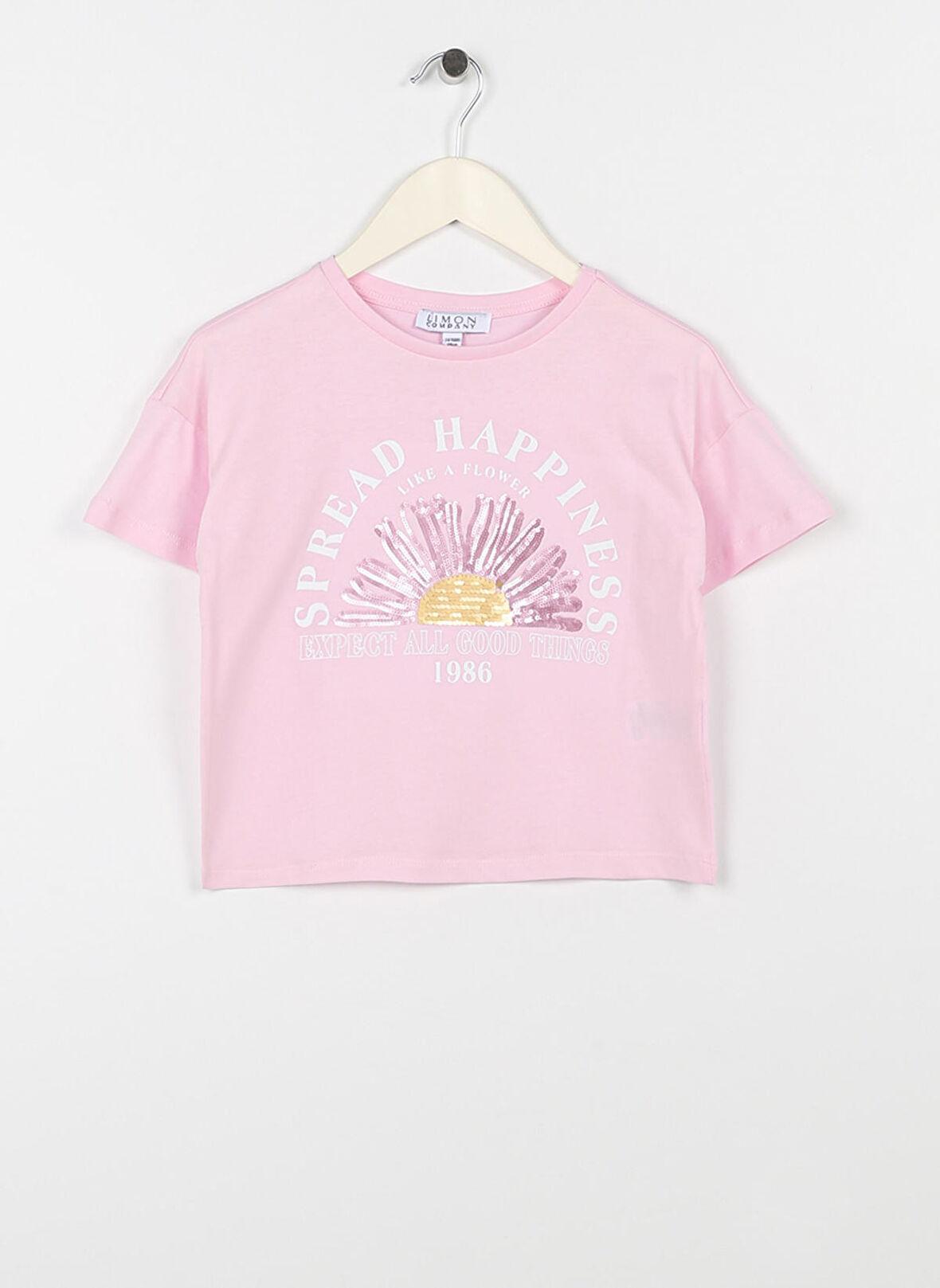 Limon Pembe Kız Çocuk Bisiklet Yaka Düşük Omuz Crop Baskılı T-Shirt READ GIRL-23