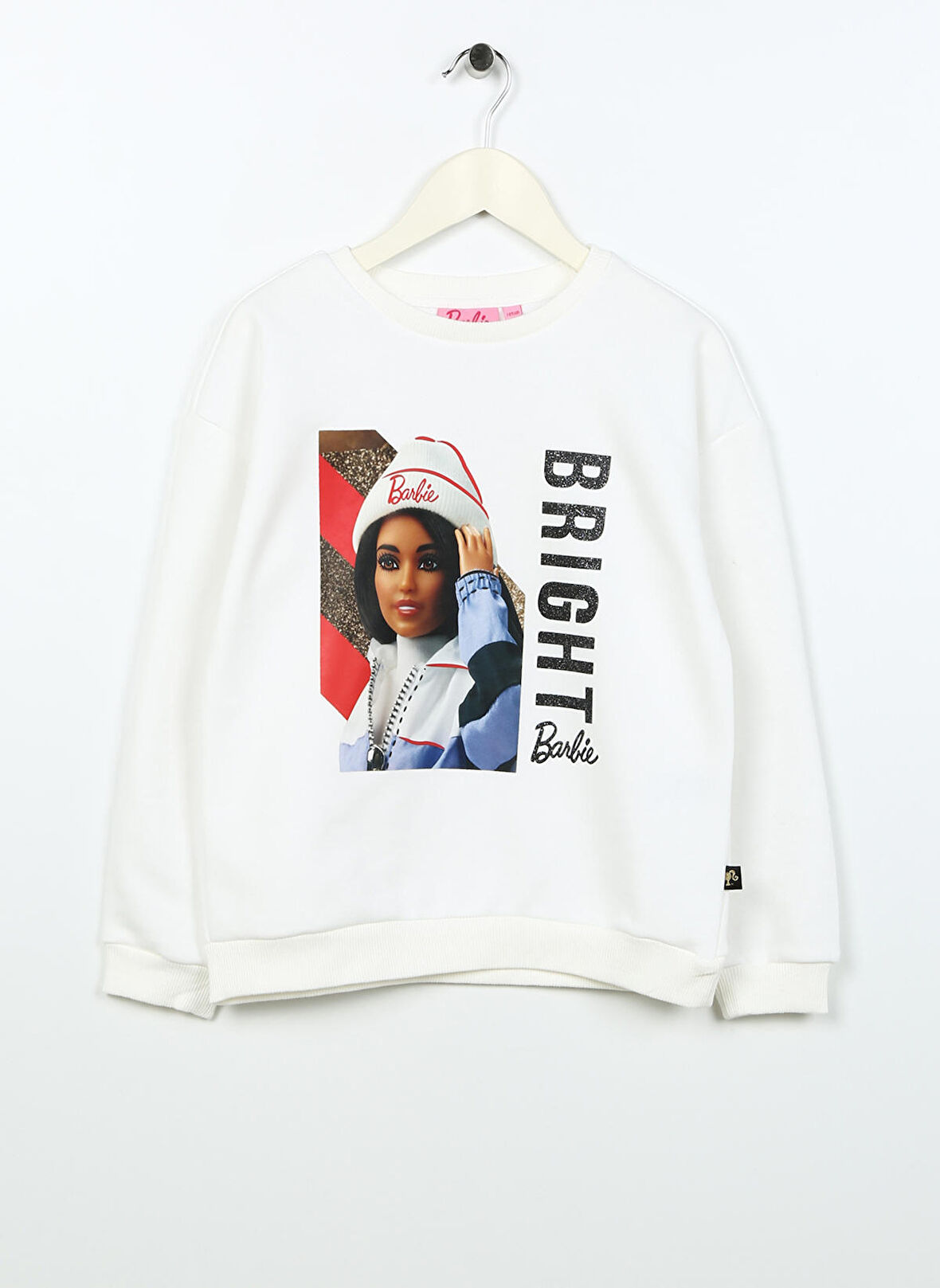 Barbie Ekru Kız Çocuk Bisiklet Yaka Düşük Omuz Oversize Baskılı Sweatshirt BRB3WG-SWT24