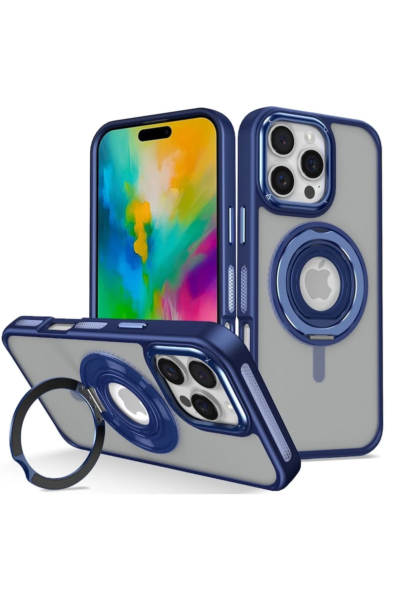 Fuchsia iPhone 16 Pro ile Uyumlu Banza Kablosuz Şarj Özellikli Standlı Kapak - Lacivert