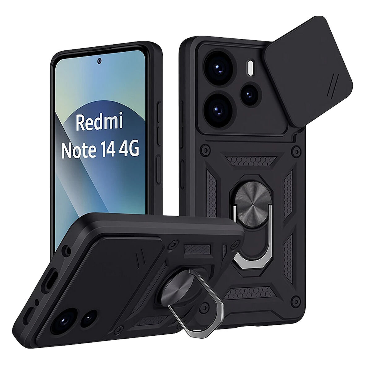 Newface Pars Xiaomi Redmi Note 14 4G Lens Korumalı ve Yüzüklü Silikon Kılıf - Siyah