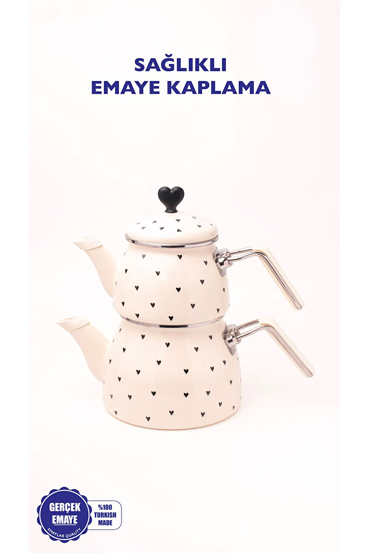 EMAYlab Black Cupid Kalp Desenli Emaye Çaydanlık Takımı (Özel Zamak Tepeli)