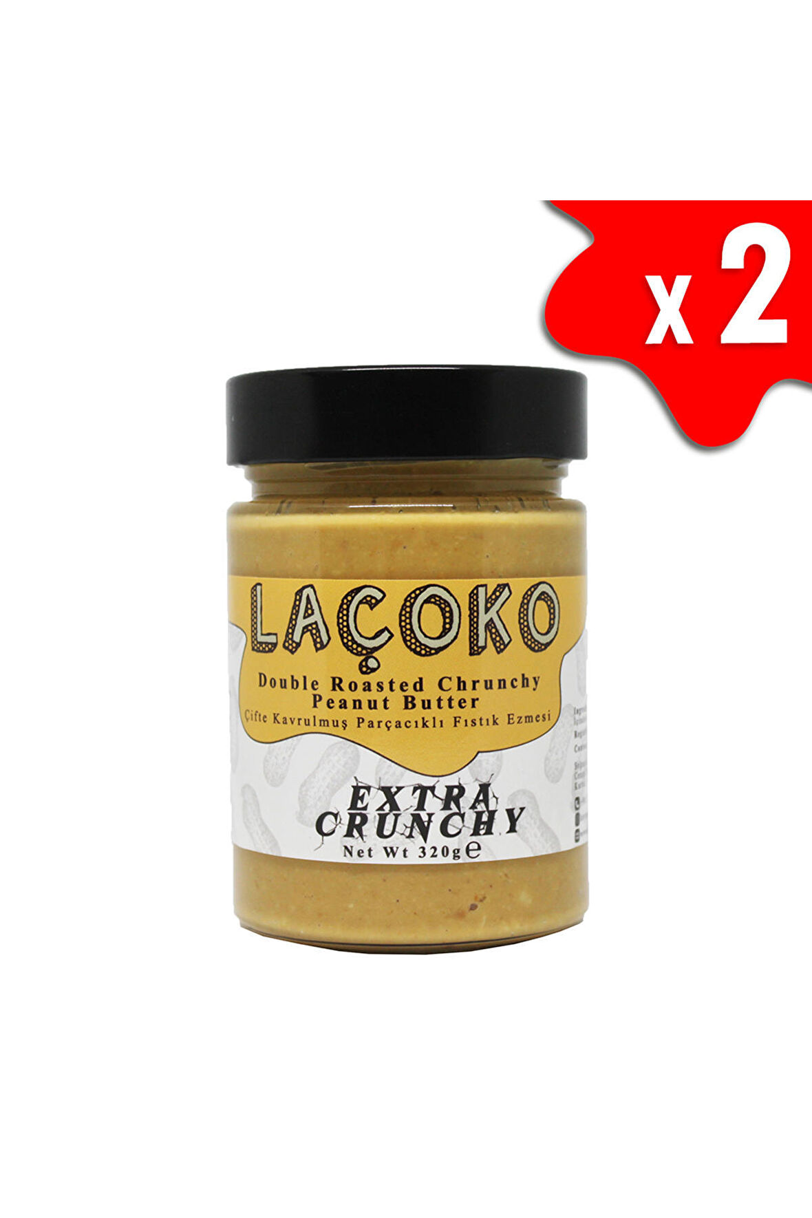 LAÇOKO 640 Gram Şekersiz, Katkısız, Glutensiz, Vegan, Doğal Çifte Kavrulmuş Parçacıklı Extra Crunchy Yer Fıstığı Ezmesi (640 Gram) 