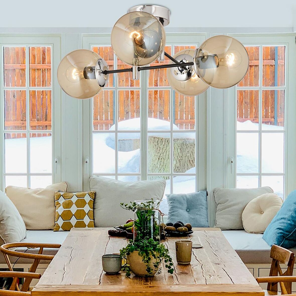 Maral 4Lü Siyah Krom Bal Camlı Modern Koridor Mutfak Salon Retro Avize