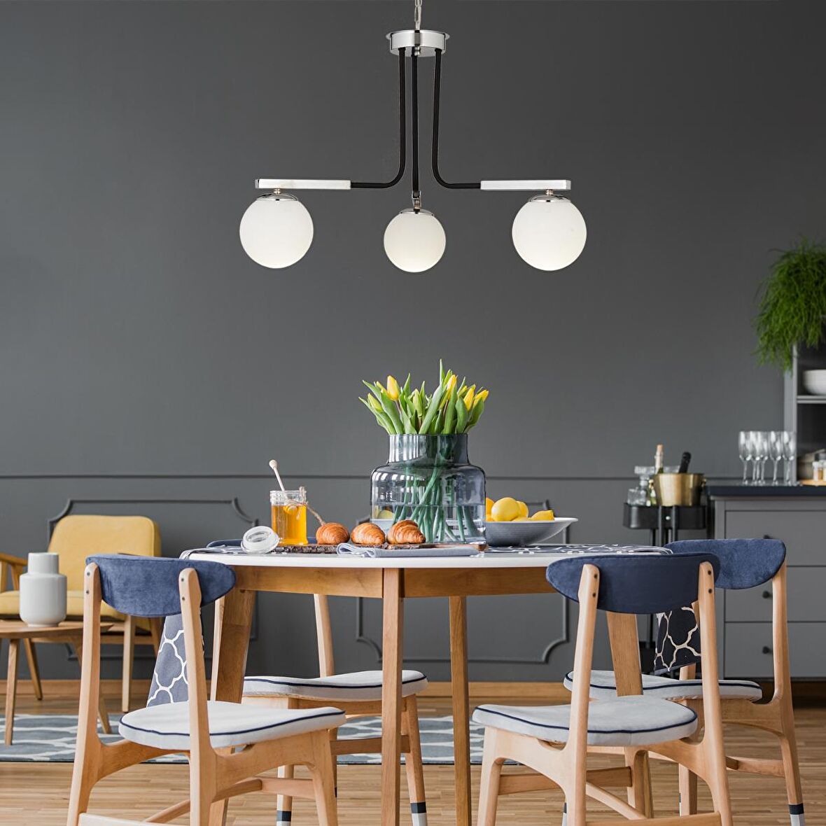 Akkor 3Lü Siyah Krom Modern Oturma Odası Yatak odası Salon Avize 