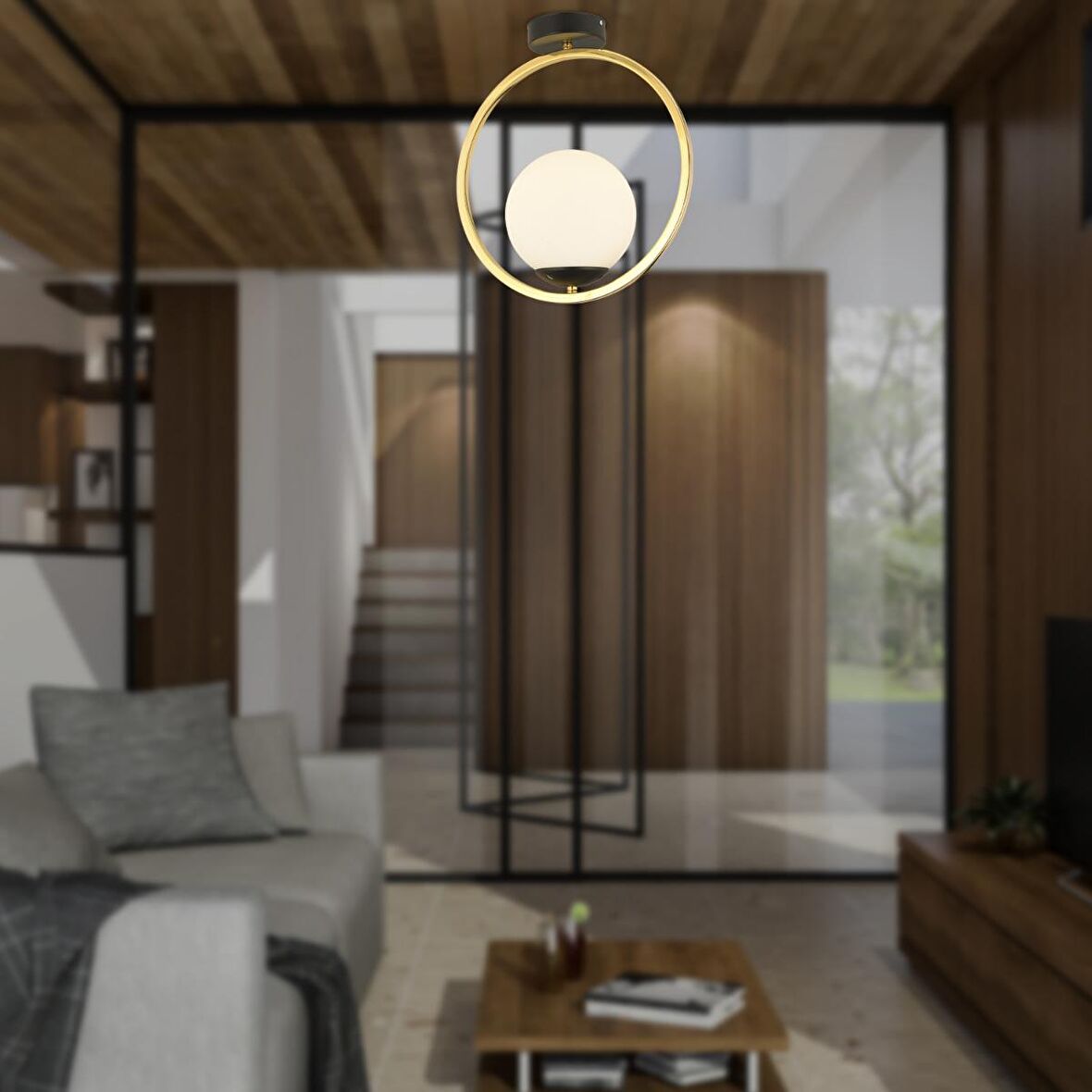 Lifos Tekli Gold Kaplamalı Plafonyer Modern Mutfak Salon Avize 