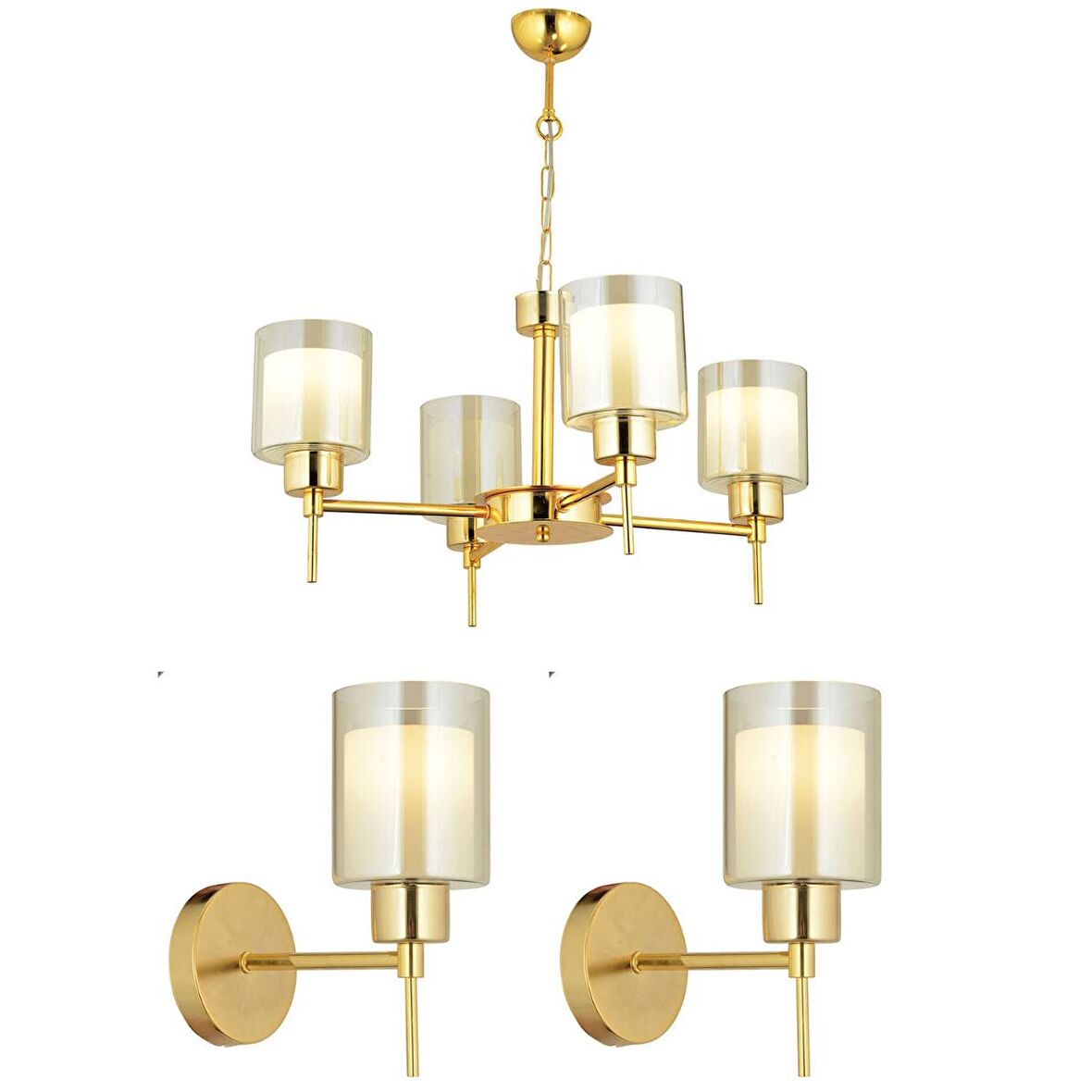 Cemre 4 Lü Gold Modern Tasarım Yatak Odası Salon Avize-Aplik Seti 3 Parça Avize-Aplik Seti Seti