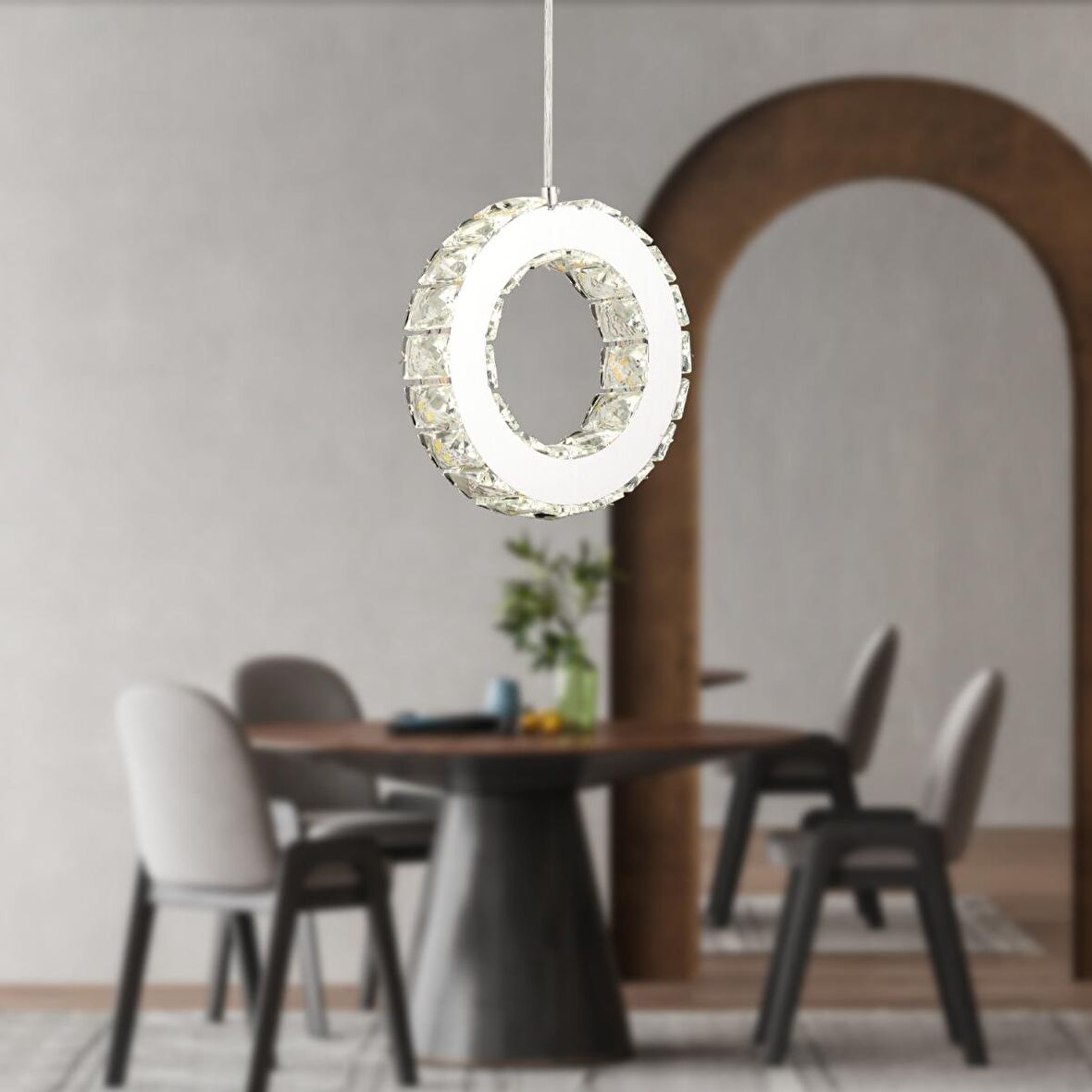Akanay Tekli Krom Ledli 3 Renkli Sarkıt Kristalli Taşlı Modern Tasarım Led Kristal  Salon Avize