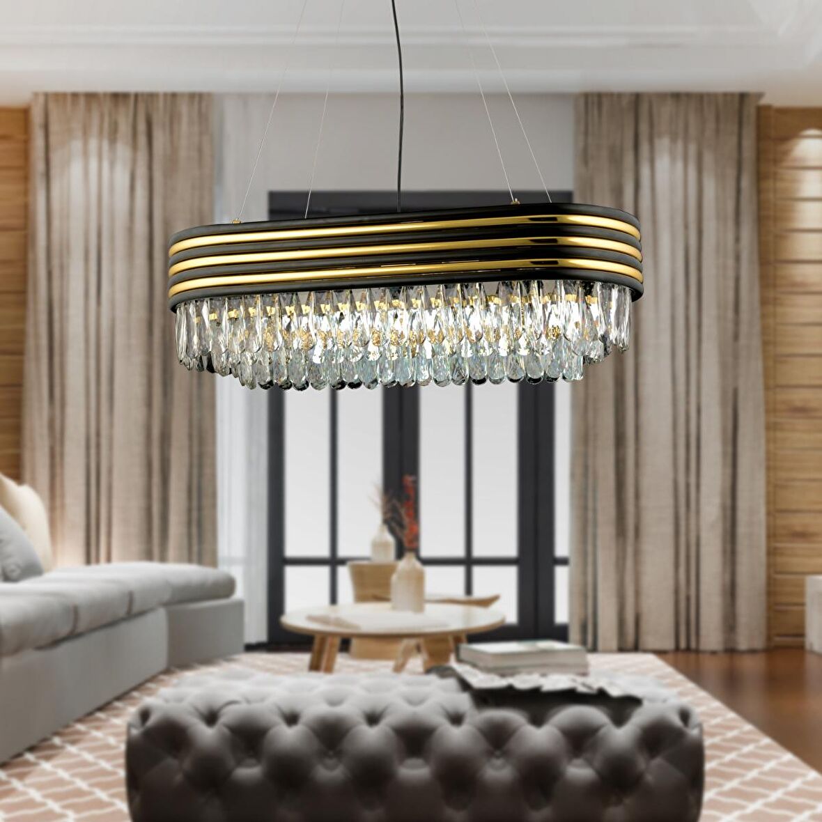 Massello Dikdörtgen Sıralı Gold Kaplamalı Kristalli Taşlı Modern Tasarım Kristal Salon Avize