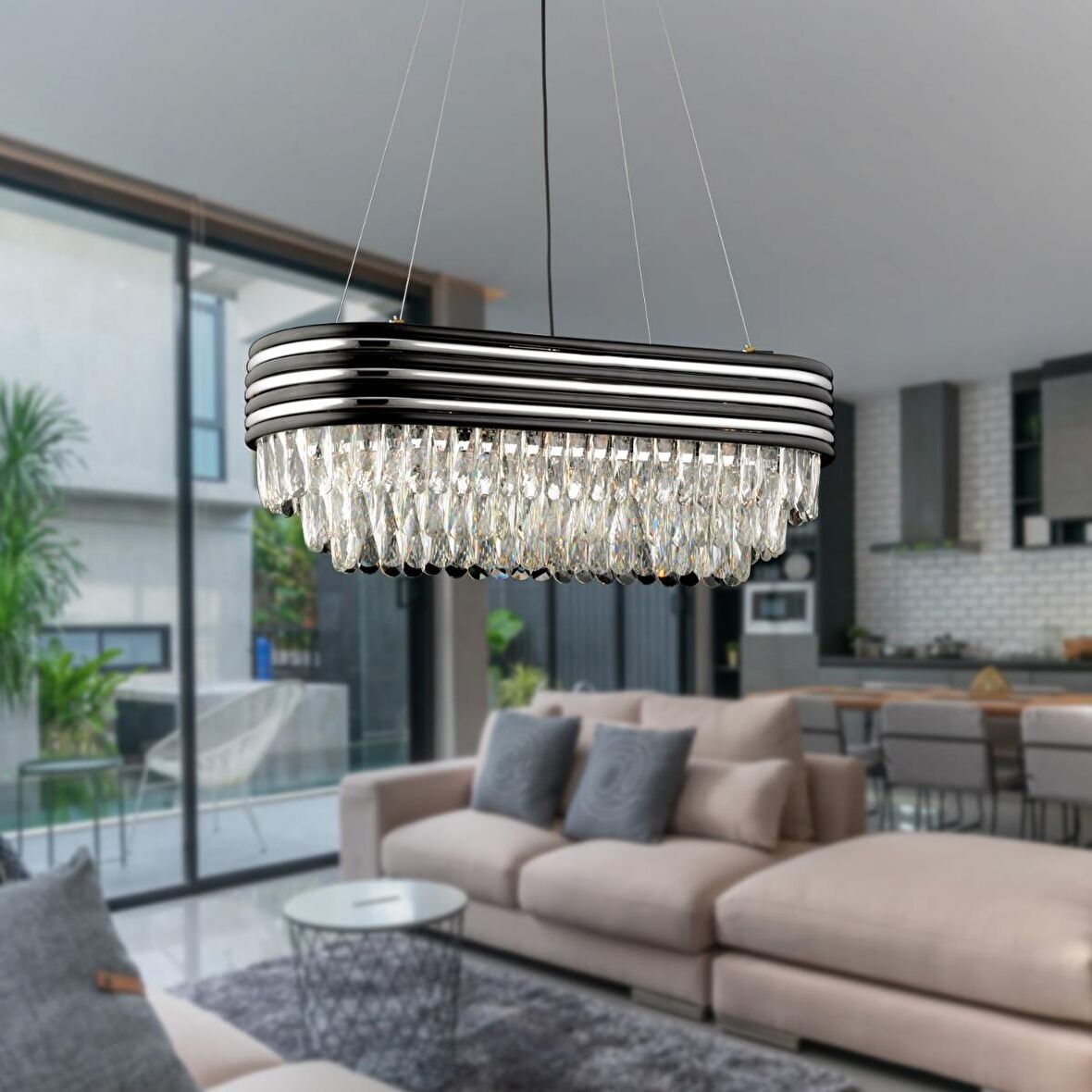 Massello Dikdörtgen Sıralı Krom Kaplamalı Kristalli Taşlı Modern Tasarım Kristal Salon Avize