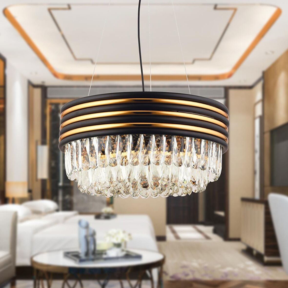 Massello Yuvarlak Siyah Kaplamalı Kristalli Taşlı Modern Tasarım Kristal Salon Avize