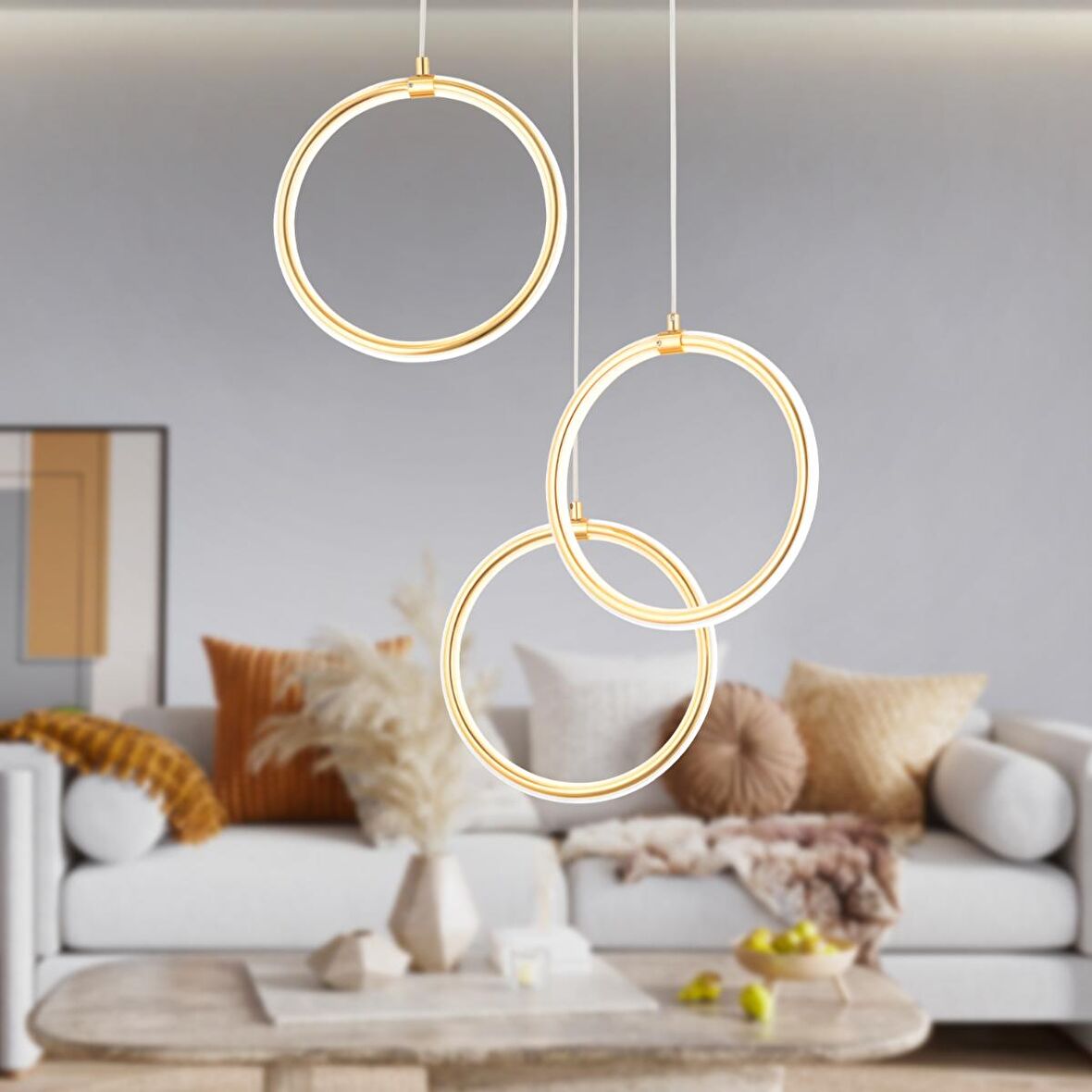 Ruscello 3lü Gold Sarkıt 102 Watt Sarkıt 3 Renkli Ledli Modern Mutfak Banyo Led Salon Sarkıt Avize