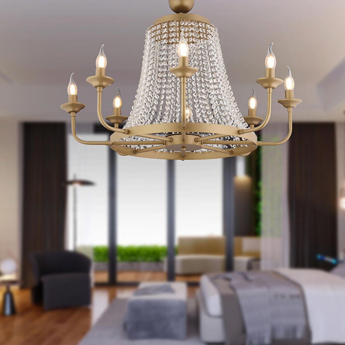 Carnation 8'li Eskitme Kristalli Taşlı Modern Tasarım Kristal Salon Avize