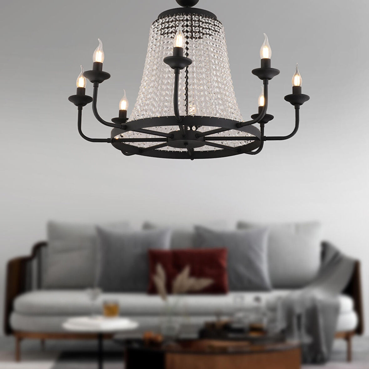 Carnation 8'li Siyah Kristalli Taşlı Modern Tasarım Kristal Salon Avize