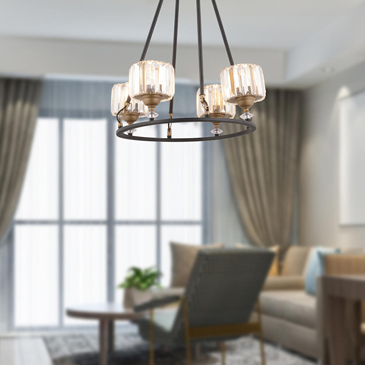 Fennel 4'lü Siyah Eskitme Kristalli Taşlı Modern Tasarım Kristal Salon Avize