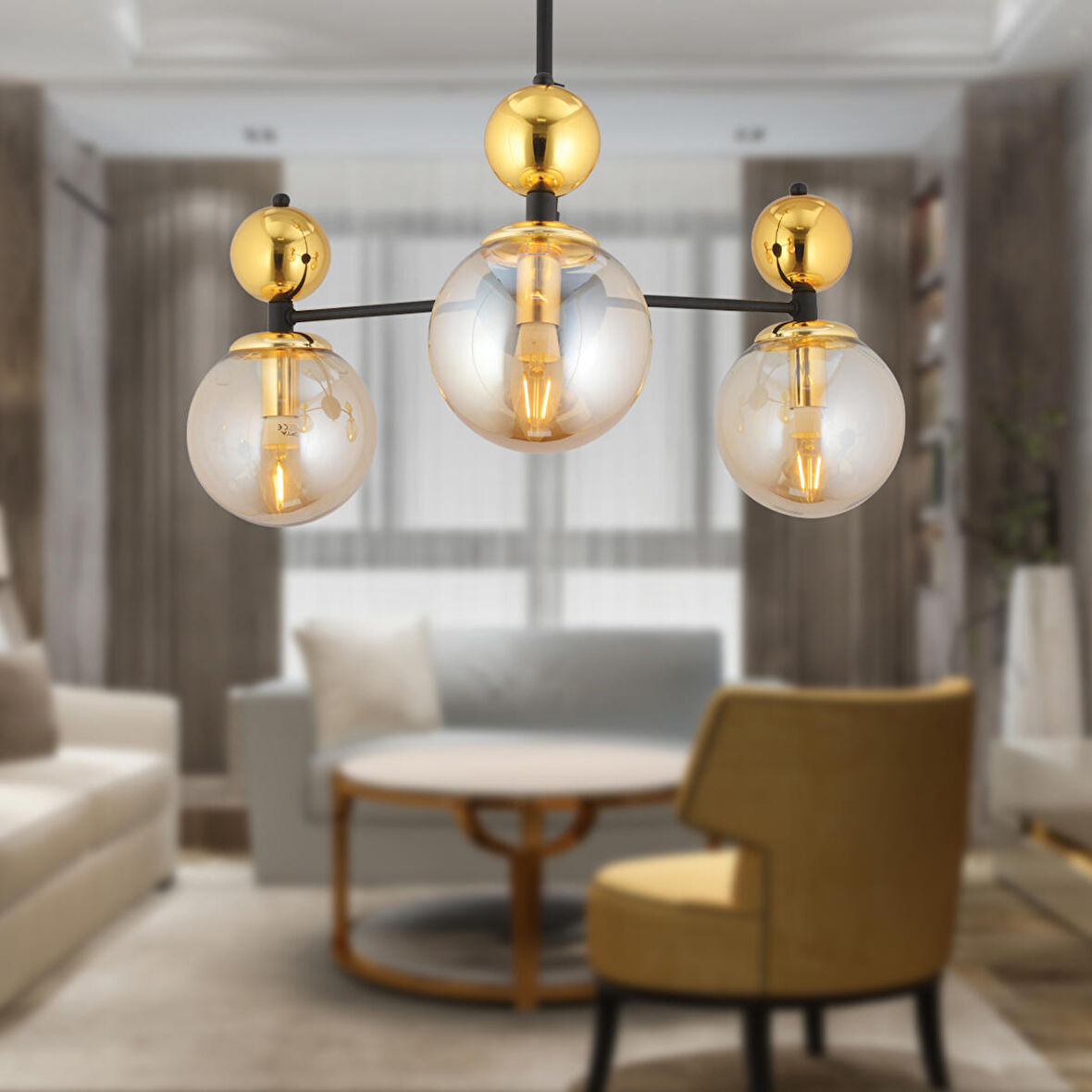 Kuvars 3lü Siyah Gold Modern Koridor, Oturma Odası Salon Avize 
