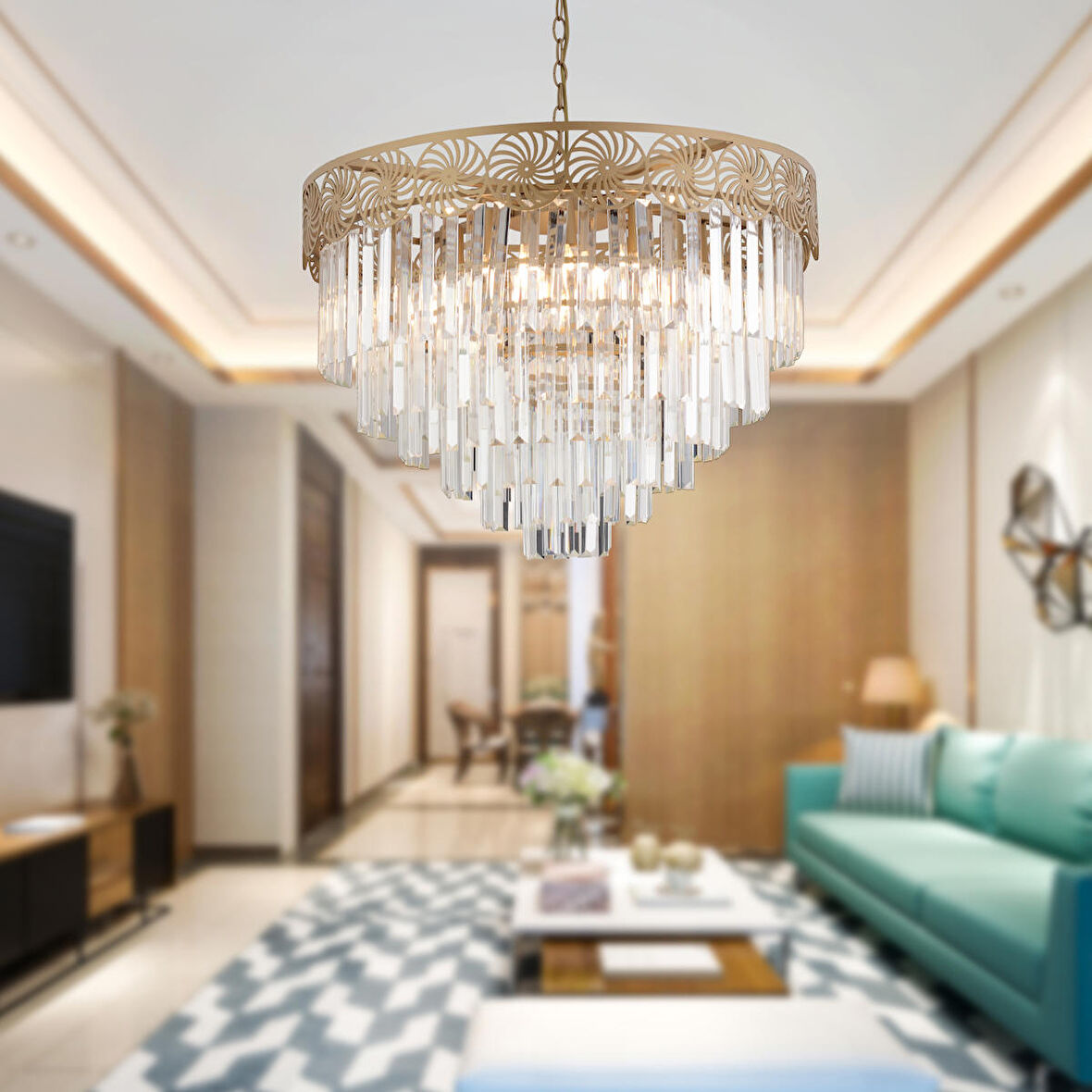 Bulmer 8'li Büyük Yuvarlak Eskitme Kristalli Taşlı Modern Tasarım Kristal Salon Avize